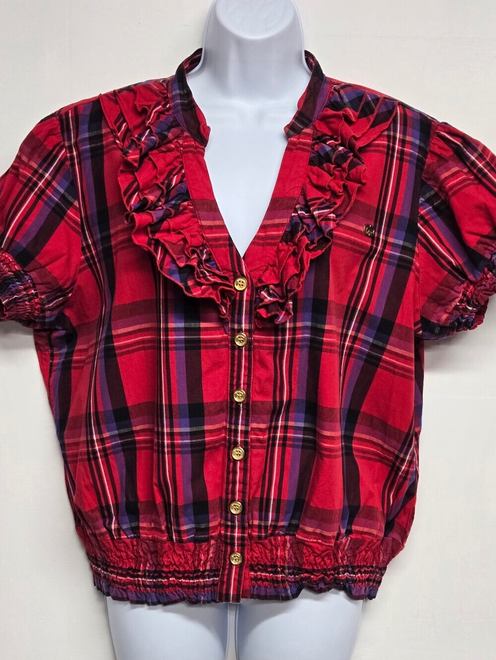 Eckored Vintage Top 2X Button Down Plaid Ruffle Smocked Waist Sleeve Cotton